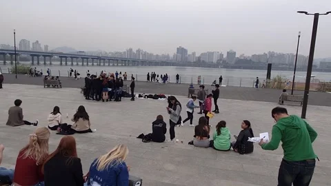 View on Han River Park Side in South Korea on cloudy fall season Full HD 1080p Stock Footage 138858314