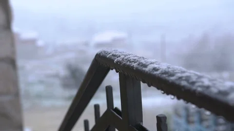 View of hand railing covered with snow. Close Up. Snowy Weather Stock Footage 91826074