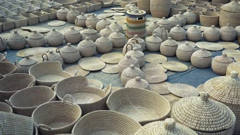 View of hand-woven wicker baskets displayed on the ground, Bangladesh. Video stock 334949194
