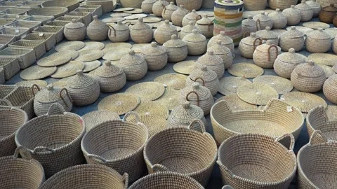 View of handcrafted wicker baskets and straw containers, Bangladesh. Video stock 334949051