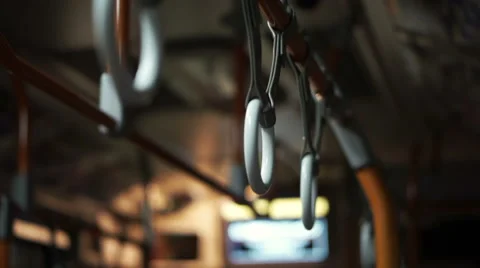 View of handle inside the night city bus public transportation in Asia. Stock Footage