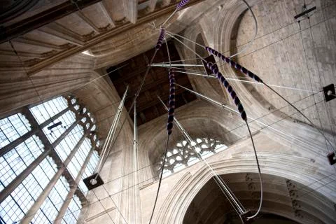 A view of hanging bell ringers ropes in the tower of Crowland Abbey, Lincolns Stock Photos
