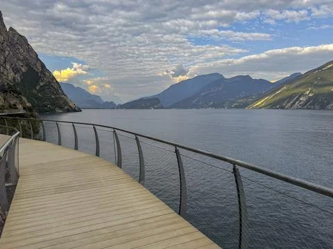 View of the hanging footpath and cycle path over Lake Garda Stock Photos
