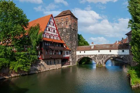 View of Hangmans Bridge spanning the Pegnitz River in Nuremberg City, Germany Stock Photos