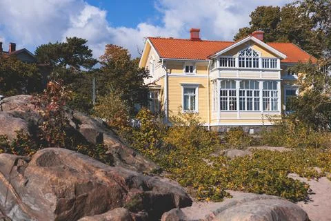View of Hanko town coast, Hango, Finland, with beach and coastal waterfront.. Stock Photos