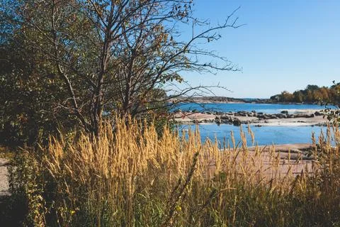 View of Hanko town coast, Hango, Finland, with beach and coastal waterfront.. Stock Photos