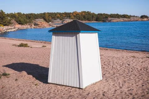 View of Hanko town coast, Hango, Finland, with beach and coastal waterfront.. Fotos de archivo