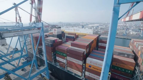 View of harbor from above crane Stock Footage 118599288