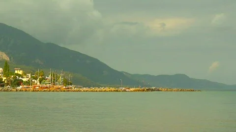 View of harbor and mountains Stock Footage 310491