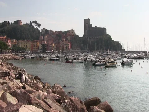 View of the harbor with boats from the rock coast Stock Footage 80757652
