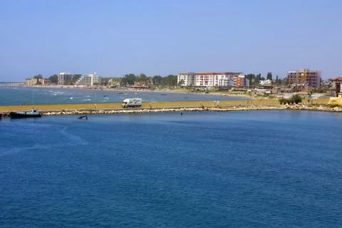View of the harbor, coast and Vlora jetty from the ship Foto stock