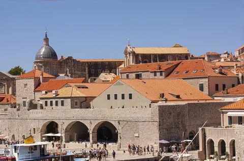 View from the harbor over city rooftops at the historic Dubrovnik old town Stock Photos