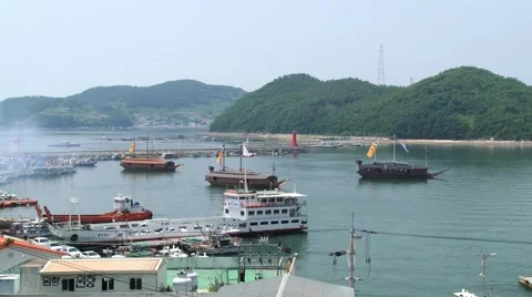 View to the harbor with replicas of the Turtle ships in Tongyeong, Korea. Stock Footage 62292274