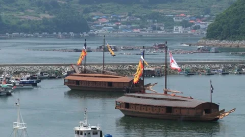View to the harbor with replicas of the Turtle ships in Tongyeong, Korea. Stock Footage 62293608