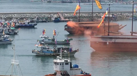 View to the harbor with replicas of the Turtle warships in Tongyeong, Korea. Stock Footage 62292833
