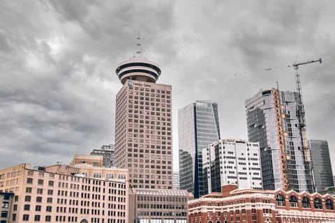 View of Harbour Centre Tower and Waterfront Train Station Stock Photos