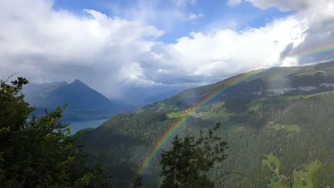 View from Harder Kulm lake Thunersee rainbow Switzerland Stock Footage 89974828