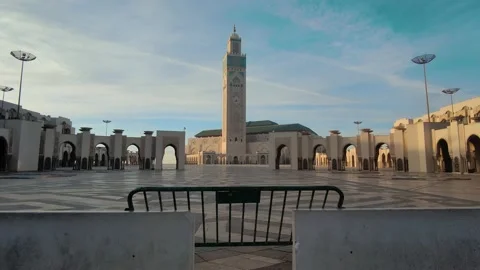 View of Hassan II mosque entry closed with barrier Stock Footage 235985969