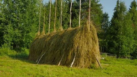 View to hayrick at thunderstorm condition Stock Footage 73320356