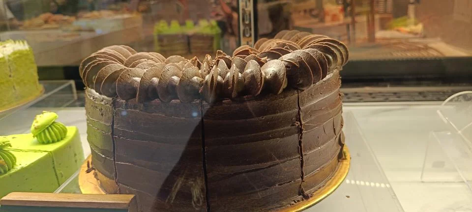 View of hazelnut cake in the showcase Stock Photos