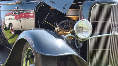 The View of the headlight and the motor of a retro car. Stock Footage 94721863