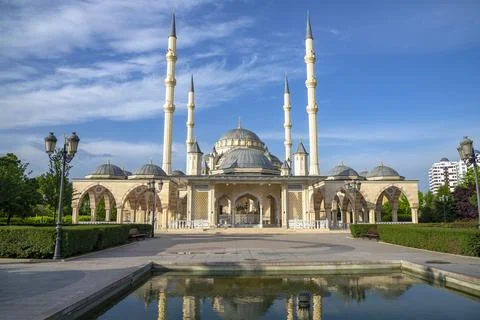 View of the Heart of Chechnya mosque with reflection. Grozny, Chechen Republic Stock Photos