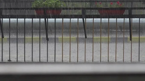 View of heavy rain drops splash on urban street hard rainfall torrential shower Stock Footage 81965778
