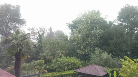 View of heavy tropical rain, storm in spring day over village. Slovenia Video stock 154129358