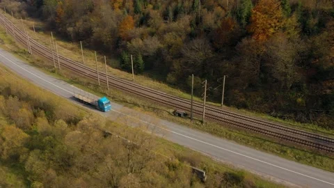 View from the height on the autumn landscape - river, railway, forest on a Stock Footage 138255692