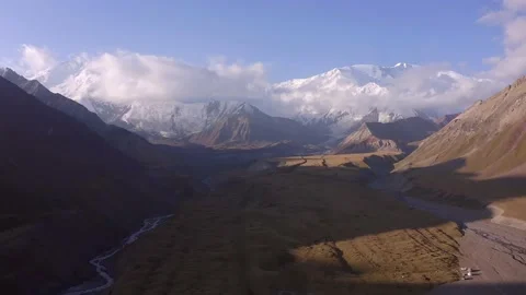 View from the height of the Base Camp under Lenin Peak at dawn Video stock 210185121