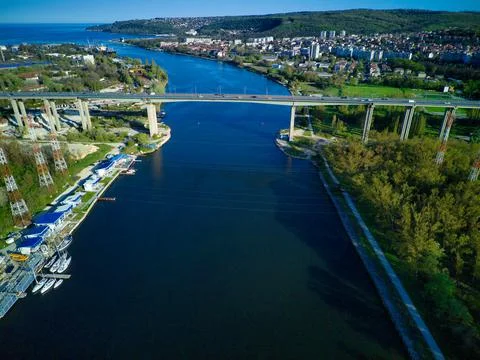 View from a height on the bridge between the town of Sozopol with houses near Stock Photos