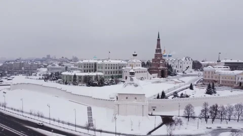 View from the height of the copter of the Kazan Kremlin on a snowy winter day. Stock-Footage 170750675