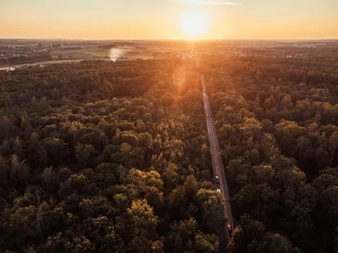View from a height down to the ground on the forest and the road in the woods Fotos Stock