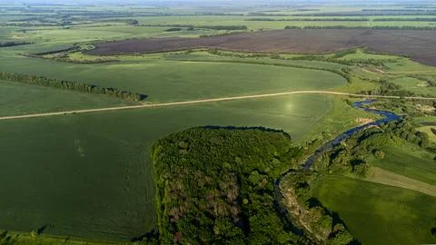 View from a height to the green fields of crops, the pond for irrigation, the Stock Photos