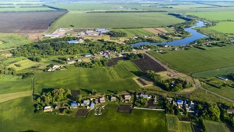 View from a height to the green fields of crops, the pond for irrigation, the Stock Photos