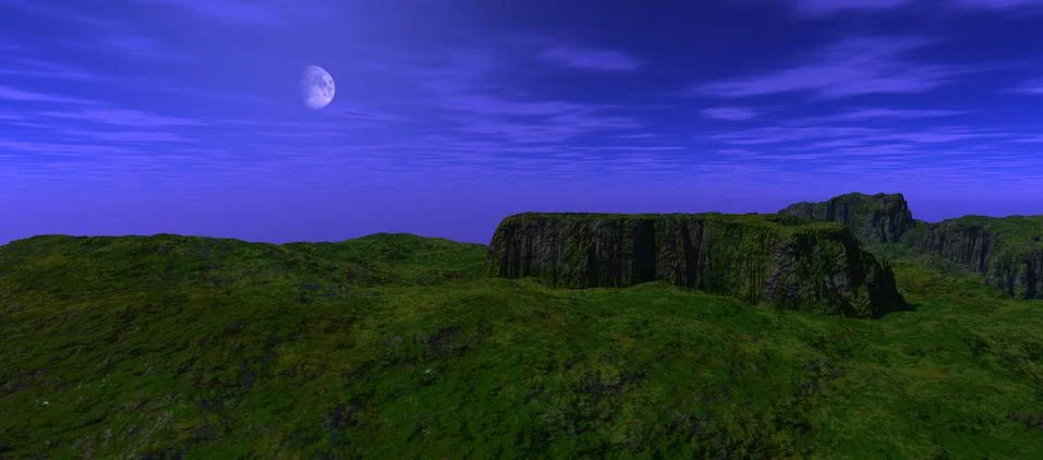 View from a height on a green plateau surrounded by a blue light Stock Illustration