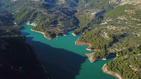 View from a height of the lake surrounded by forest Stock Footage 239558488