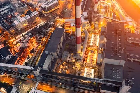 View from a height of a large coal-fired power plant, in the evening Stock Photos
