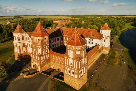 View from the height of the medieval MIR Castle in sunny summer weather Fotos de archivo