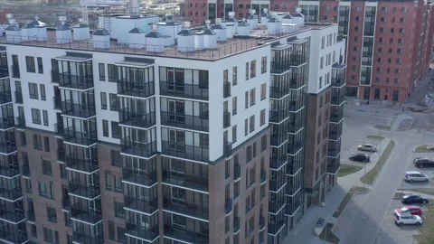 View from the height of the modern facade of the residential complex in the Stock Footage 292152536
