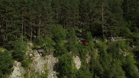 View From The Height Of Mountains Covered With Forest and Tourists on a Hike 스톡 동영상 289444460