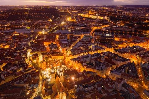 View from the height of the old town square in the evening of the city of Prague Stock Photos