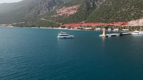 View from the height of the resort town and the harbor among the sea, Greece 4k Video stock 215009772