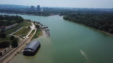 View from a Height of the River, Shore and Pier Stock Footage 237797945