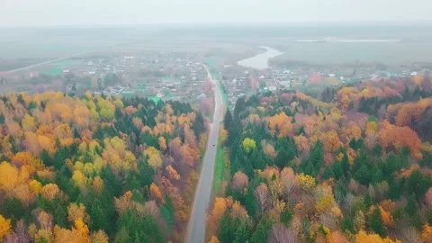 View from the height of the road, forest and countryside. Autumn. Stock Footage 142372001