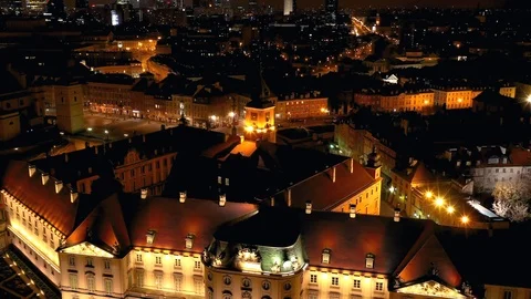 View from the height of the royal castle in the old town at night, Warsaw Stock Footage 100769394