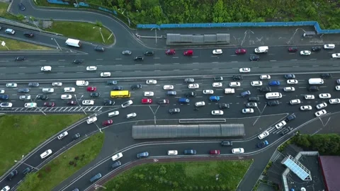 View from a height of a traffic jam car on an overpass, in the evening rush hour Stock Footage 154354349