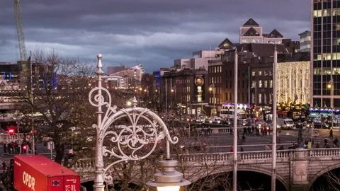 View of Heineken Building, O'Connell Bridge and RIver Liffey Dublin, Ireland Stock Footage 86828768