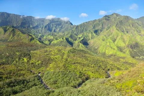 View from helicopter to the central tropical rain forest in Kauai, Hawaii. Stock Photos