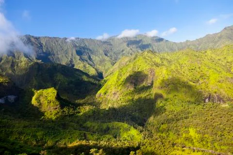 View from helicopter to the central tropical rain forest in Kauai, Hawaii. Stock Photos